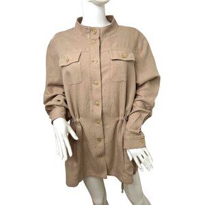 Susan Graver Jacket Top Taupe 1X Long Sleeve Mandarin Collar Buttons Linen Blend